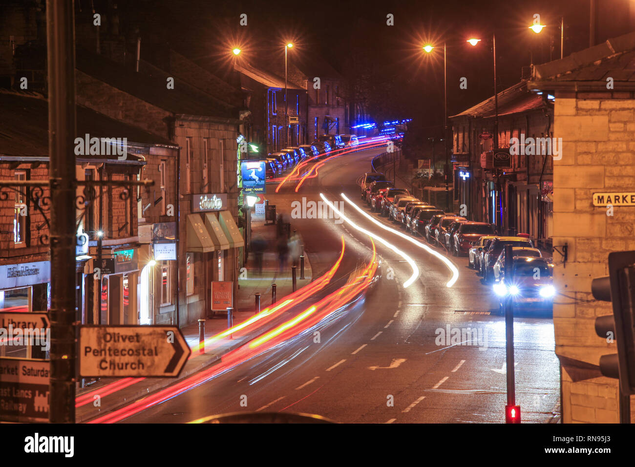 17 February 2019. Ramsbottom, Bury, Lancashire. Picture shows Bolton Street, the road which runs through the centre of the village/ town. The village  Stock Photo