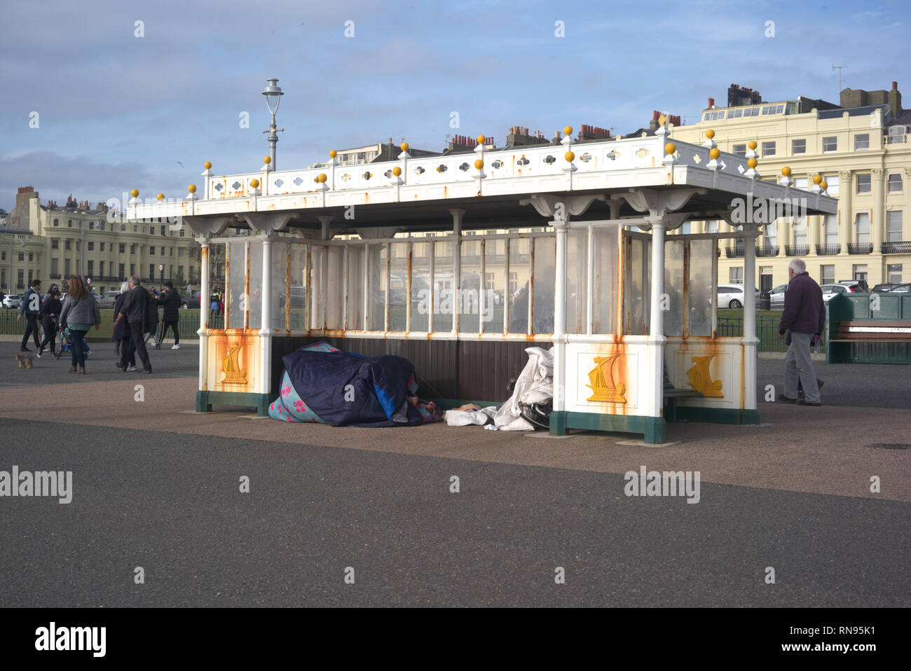 Brighton and Hove, England on February 17, 2019. Homeless's tent on the promenade. Stock Photo