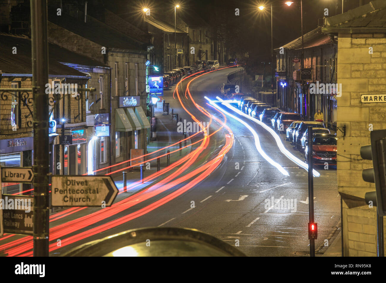 17 February 2019. Ramsbottom, Bury, Lancashire. Picture shows Bolton Street, the road which runs through the centre of the village/ town. The village  Stock Photo