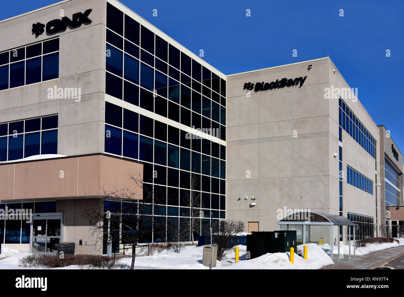 Kanata, Canada - February 17, 2019: BlackBerry QNX building on Farrar Rd.  QNX is a Canadian company acquired by BlackBerry in 2010.  Their software i Stock Photo