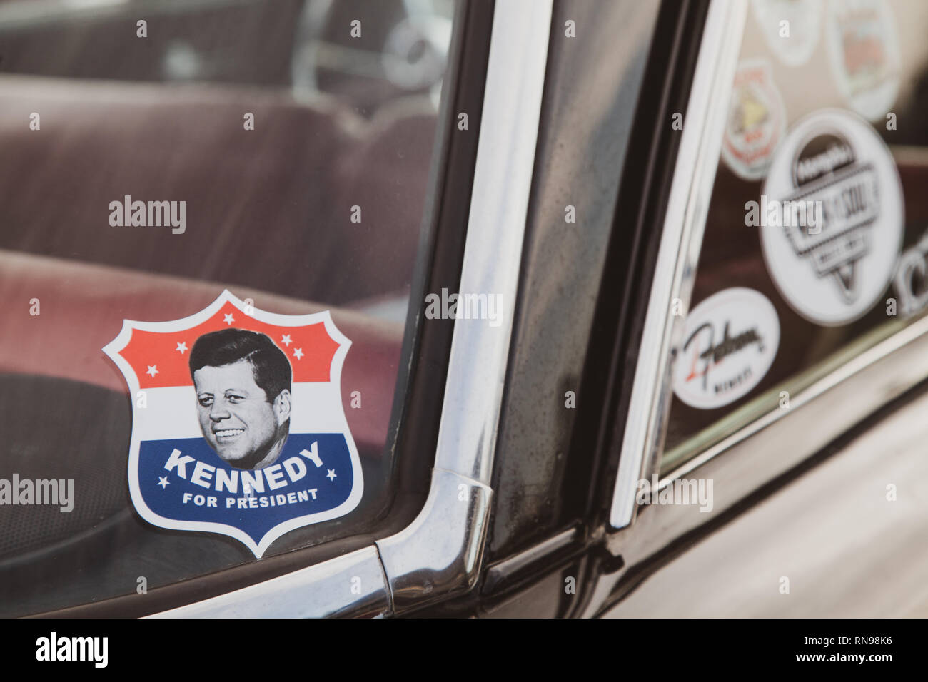Kennedy for President Bumper Sticker on Windshield in landscape Stock