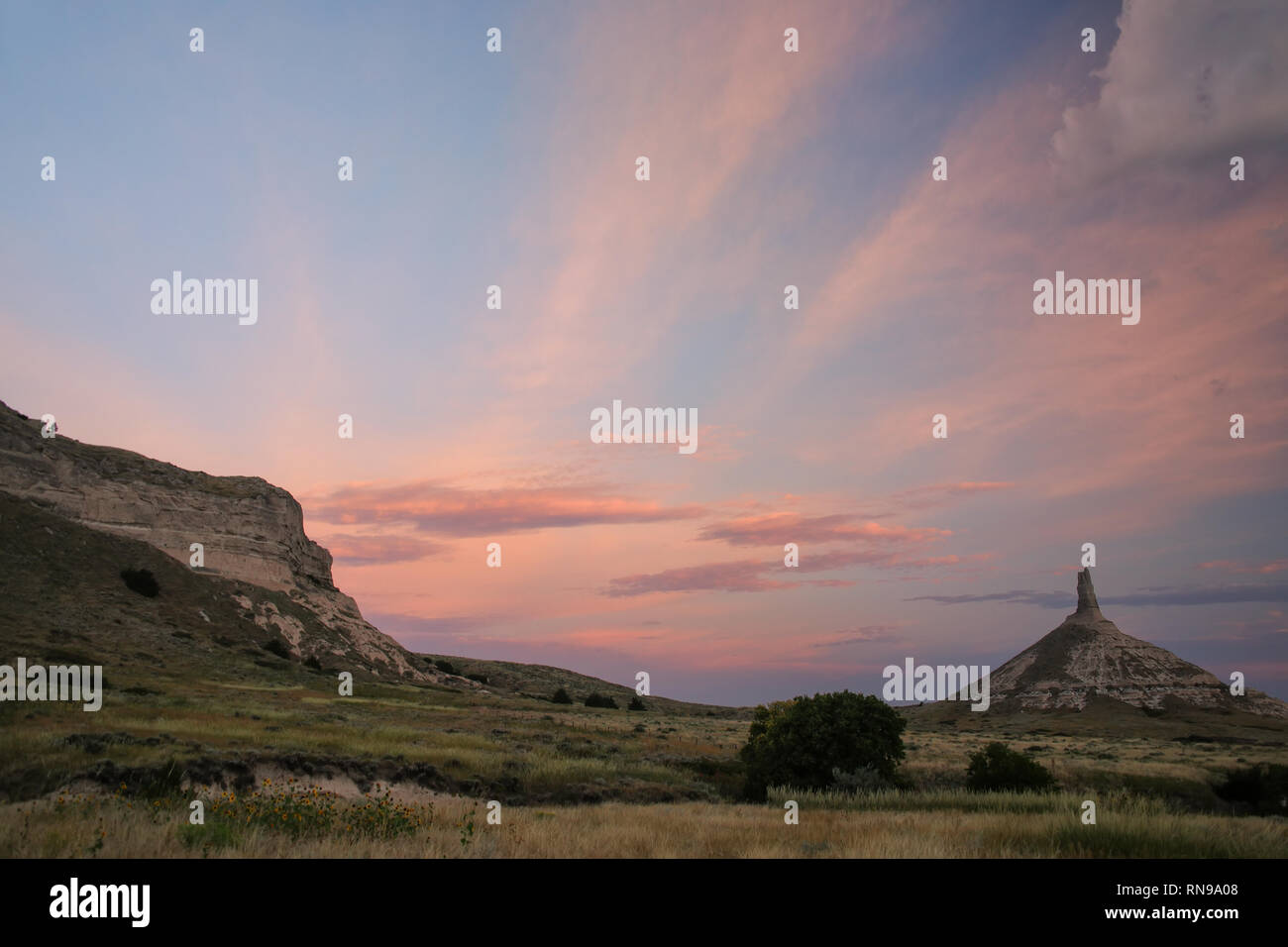 Chimney Rock National Historic Site in early morning, western Nebraska, USA. The peak of Chimney Rock is 1289 meters above sea level. Stock Photo