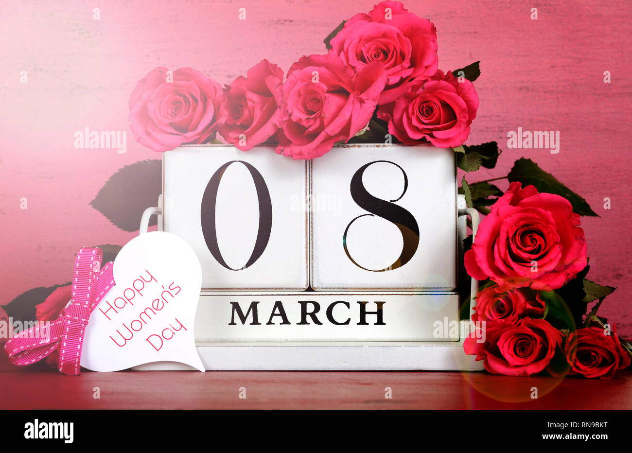 International Women S Day White Vintage Wood Block Calendar Date For March 8 With Roses On Pink And Red Vintage Wood With Lens Flare Filters Stock Photo Alamy
