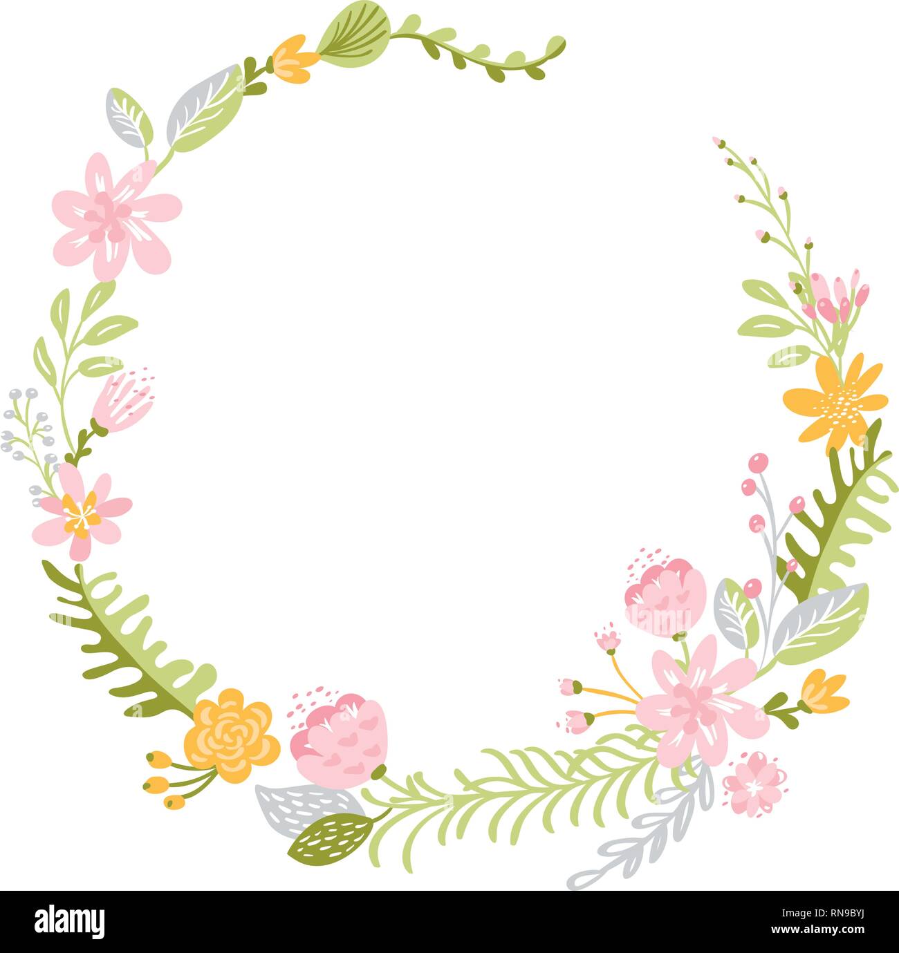Spring flower herbs wreath. Flat abstract Vector garden frame, woman ...