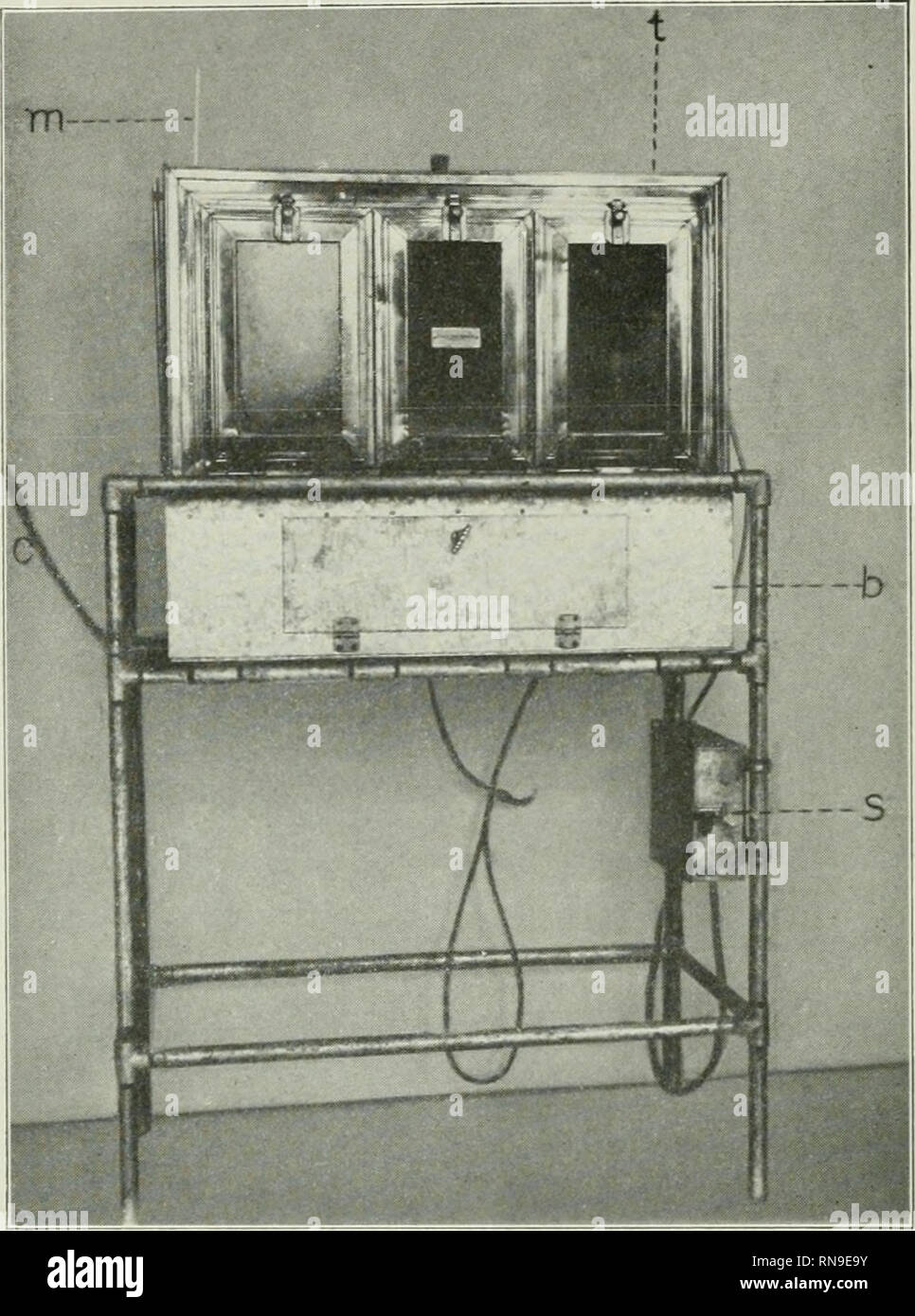 . The anatomical record. Anatomy; Anatomy. 10 R. M. STRONG. Fig. 1 From a photograph of paraffin bath equipped with electrical heating apparatus and supported by a galvanized iron box, b. The box is lined with asbes- tos. An electrical 'disc stove' is mounted inside the box with its surface in con- tact with the center of the paraffin bath bottom. The top of the thermostat adjusting screw appears at /; s, galvanized iron case containing automatic switch or 'cut-out;' c, cable supplying current to the apparatus; m, thermometer. desirable to have a thermostat which would be controlled by the tem Stock Photo