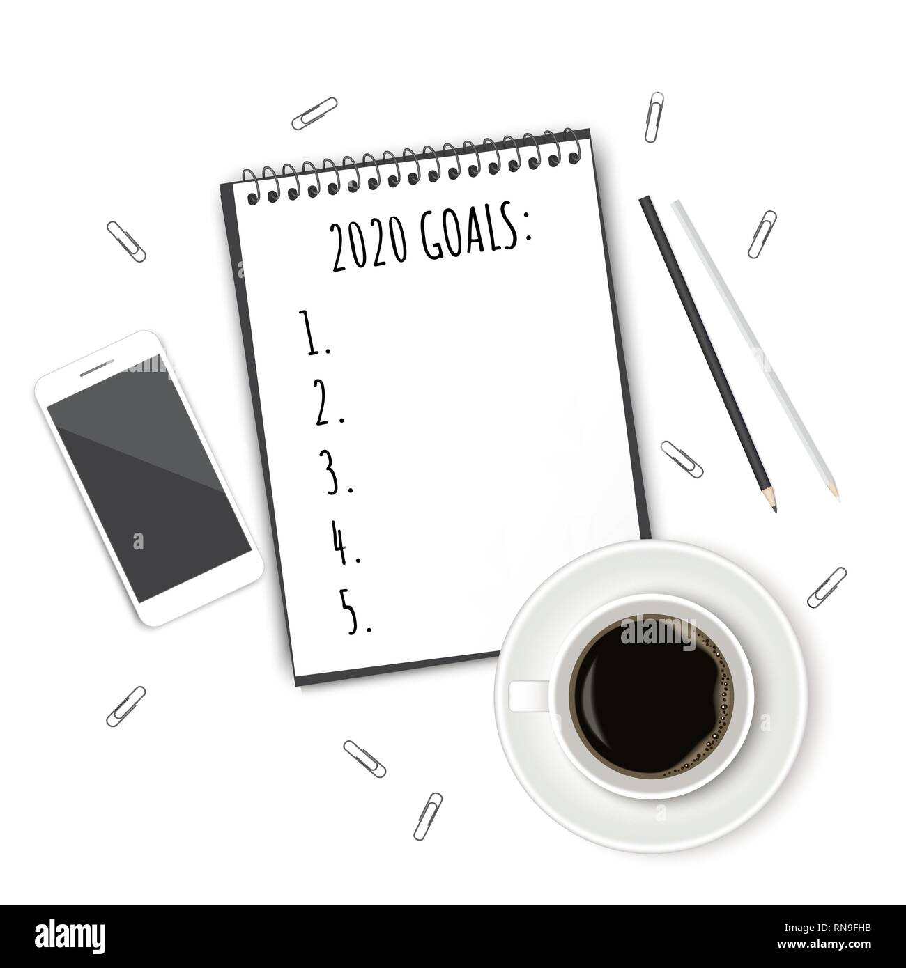 Notebook with wish list on white rustic table, flat lay style. Planning concept. Stock Vector
