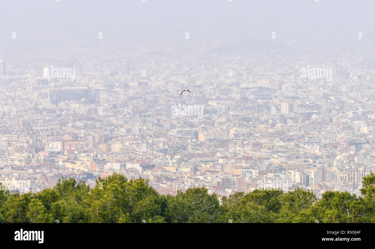 Picture of a smoggy, air polluted Barcelona city view. Stock Photo