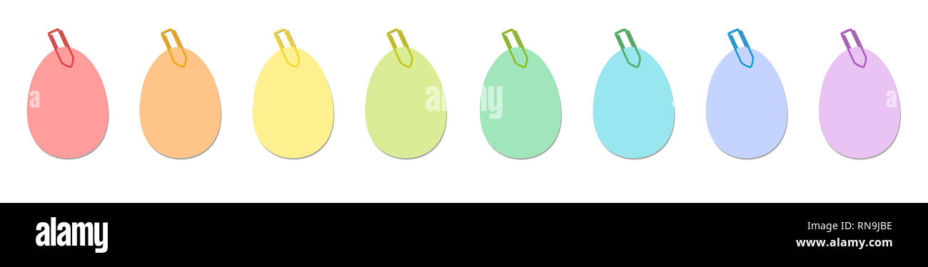 Easter eggs, colorful sticky notes with colored paper clips - illustration on white background. Stock Photo