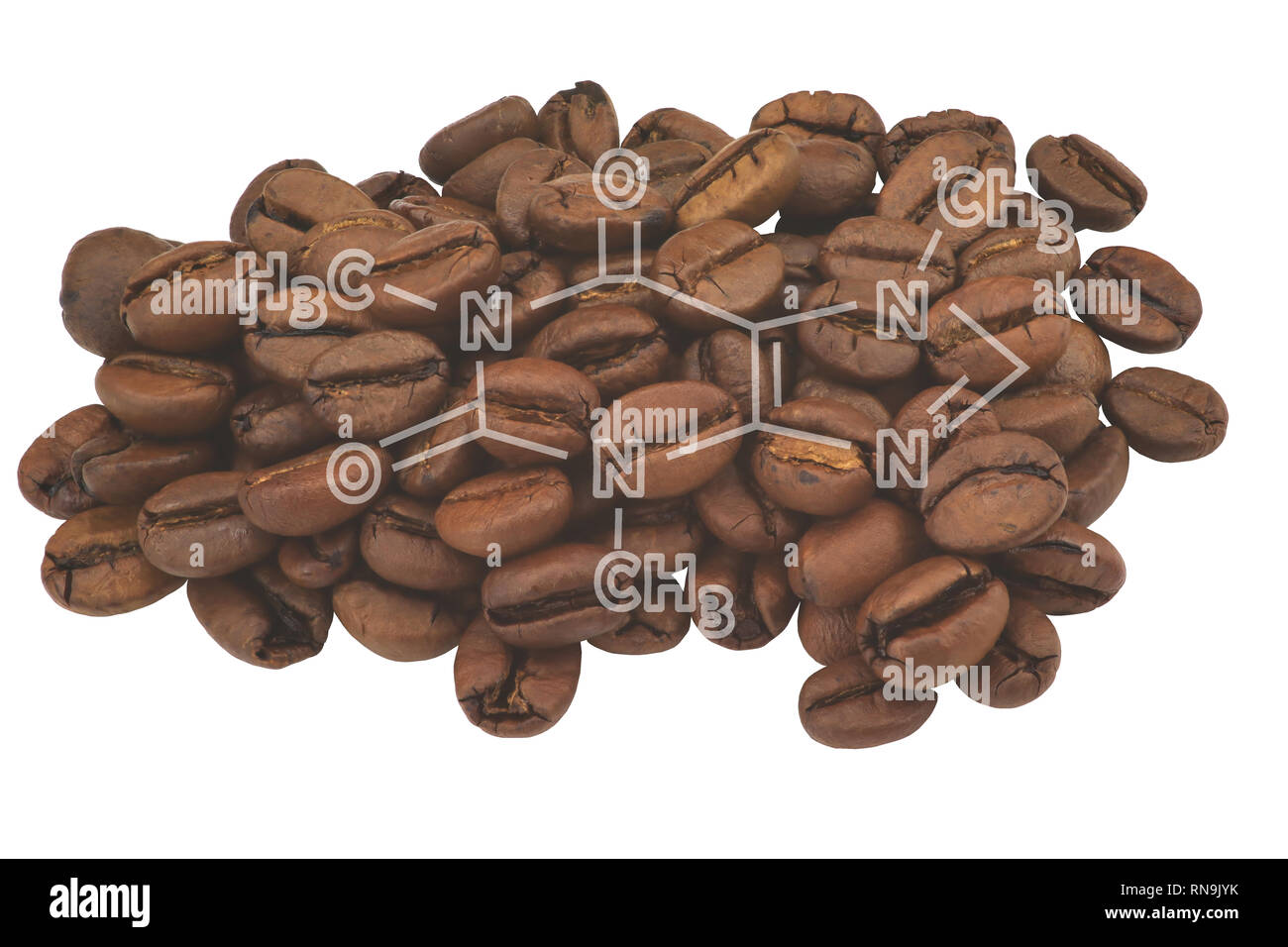 Closeup of coffee beans and highlighted molecule scheme of caffeine Stock Photo