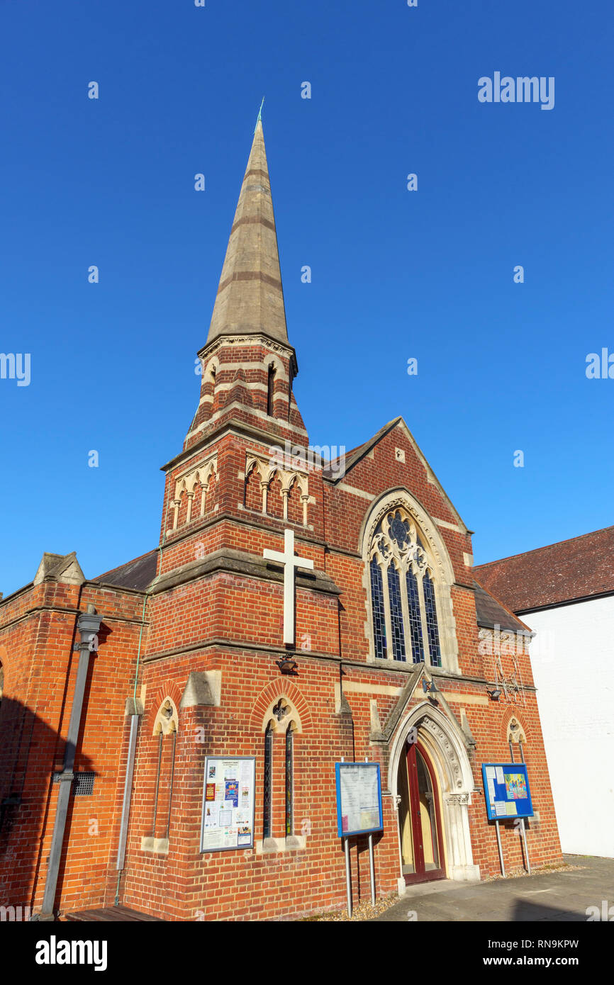 United Church of Egham, United Reformed and Methodist church, with spire, High Street, Egham, a town in Runnymede, Surrey, south-east England, UK Stock Photo