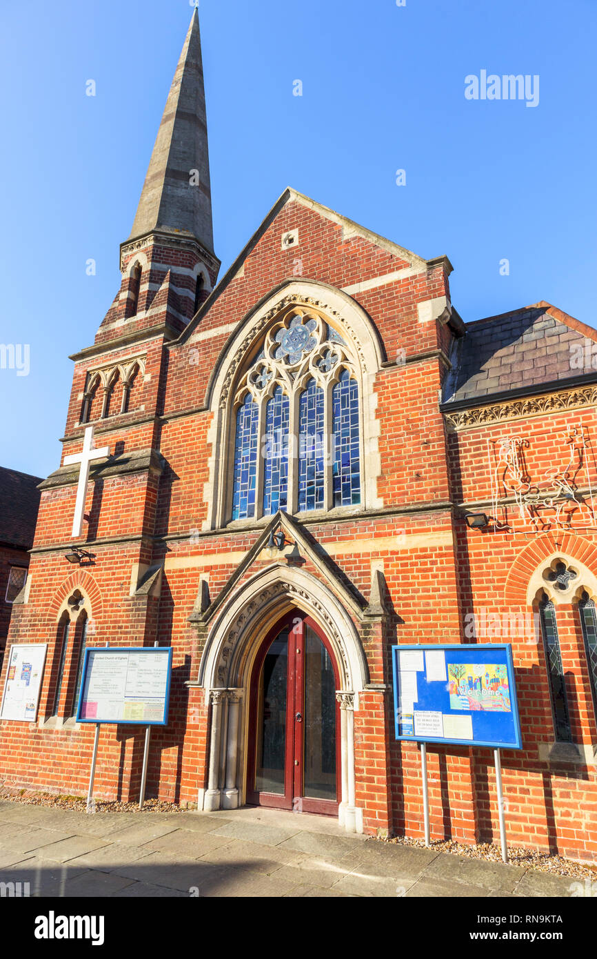 United Church of Egham, United Reformed and Methodist church, with spire, High Street, Egham, a town in Runnymede, Surrey, south-east England, UK Stock Photo