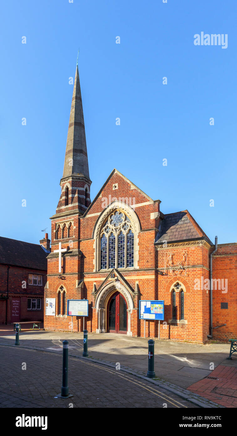 United Church of Egham, United Reformed and Methodist church, with spire, High Street, Egham, a town in Runnymede, Surrey, south-east England, UK Stock Photo