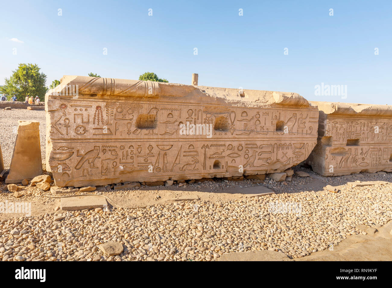 Hieroglyphs on a large stone at the Temple of Kom Ombo, Temple of Sobek, an unusual double temple from the Ptolomeic dynasty in Upper Egypt Stock Photo