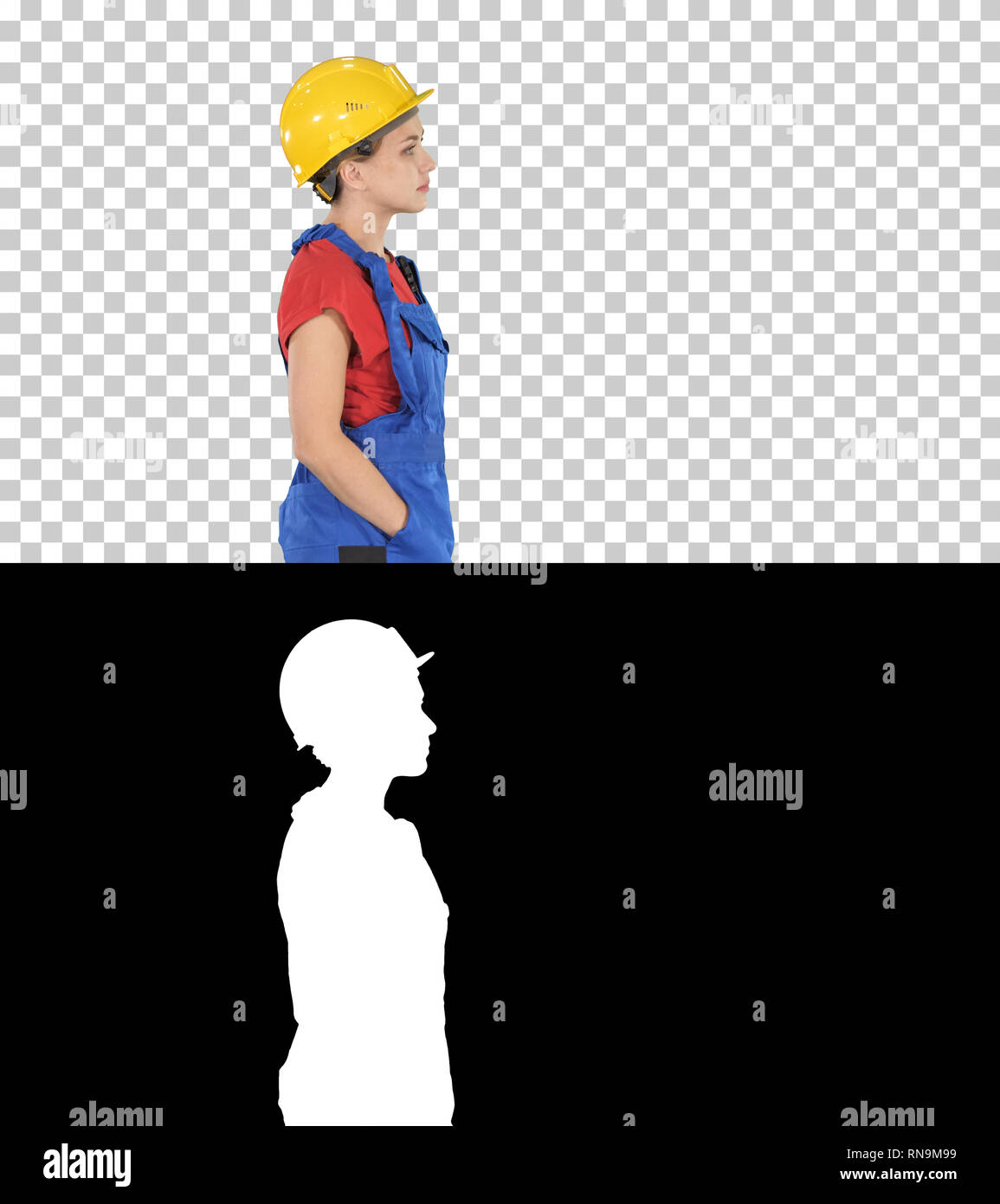 Construction worker lady walking emotionless, Alpha Channel Stock Photo