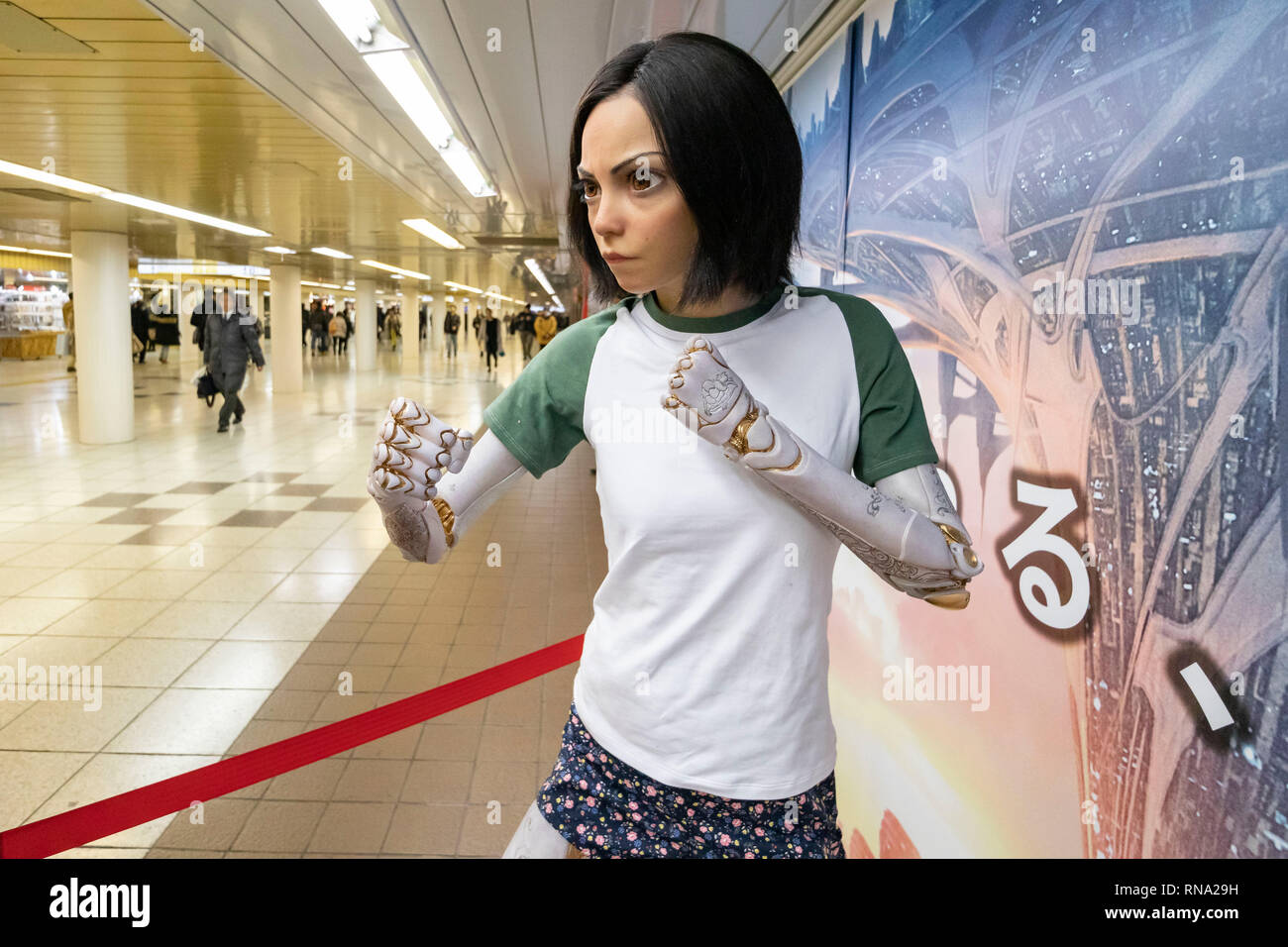 A life-size statue of Alita is seen in a corridor of Shinjuku Station on February 16, 2019, Tokyo, Japan. There are two life-size statues promoting ''Alita: Battle Angel'' film in Shinjuku Station. The film will be released in Japan on February 22. Credit: Rodrigo Reyes Marin/AFLO/Alamy Live News Stock Photo