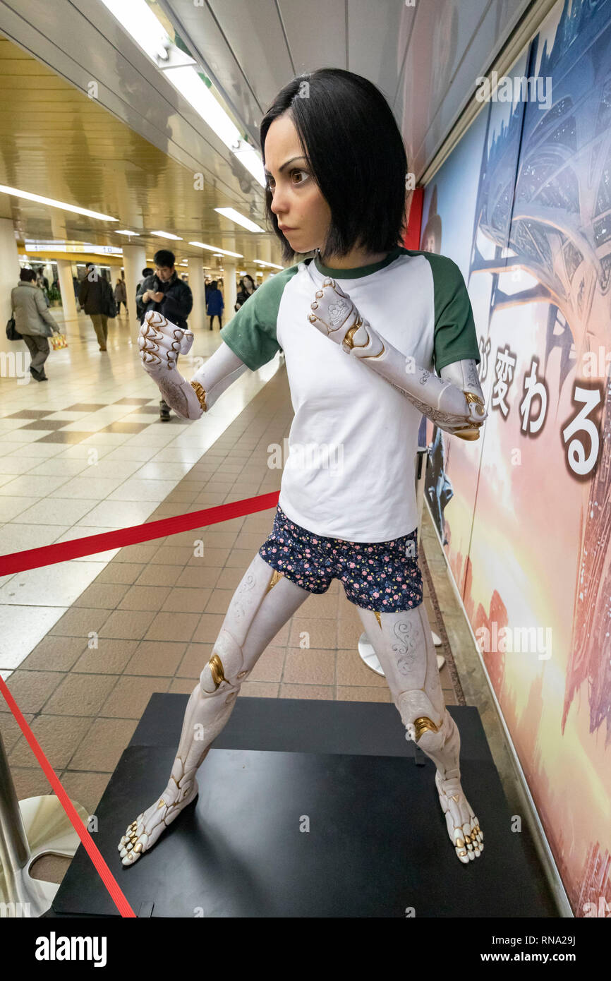 A life-size statue of Alita is seen in a corridor of Shinjuku Station on February 16, 2019, Tokyo, Japan. There are two life-size statues promoting ''Alita: Battle Angel'' film in Shinjuku Station. The film will be released in Japan on February 22. Credit: Rodrigo Reyes Marin/AFLO/Alamy Live News Stock Photo