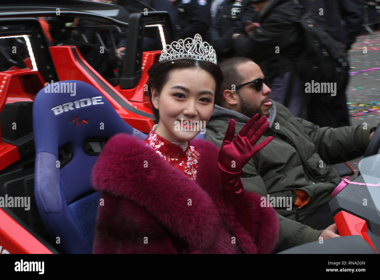 New York, New York, USA. 17th Feb, 2019. A Dragon dances for thousands that packed the streets of Chinatown on Sunday to celebrate the Lunar New Year during the Chinatown Lunar New Year Parade and Festival in New York City. Colorful lions and dragons dance bringing prosperity and good luck as the year of the pig begins. They are also meant to scare away the old spirit. Credit: Bruce Cotler/Globe Photos/ZUMA Wire/Alamy Live News Stock Photo