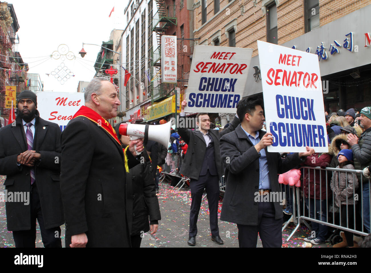 New York, New York, USA. 17th Feb, 2019. A Dragon dances for thousands that packed the streets of Chinatown on Sunday to celebrate the Lunar New Year during the Chinatown Lunar New Year Parade and Festival in New York City. Colorful lions and dragons dance bringing prosperity and good luck as the year of the pig begins. They are also meant to scare away the old spirit. Credit: Bruce Cotler/Globe Photos/ZUMA Wire/Alamy Live News Stock Photo