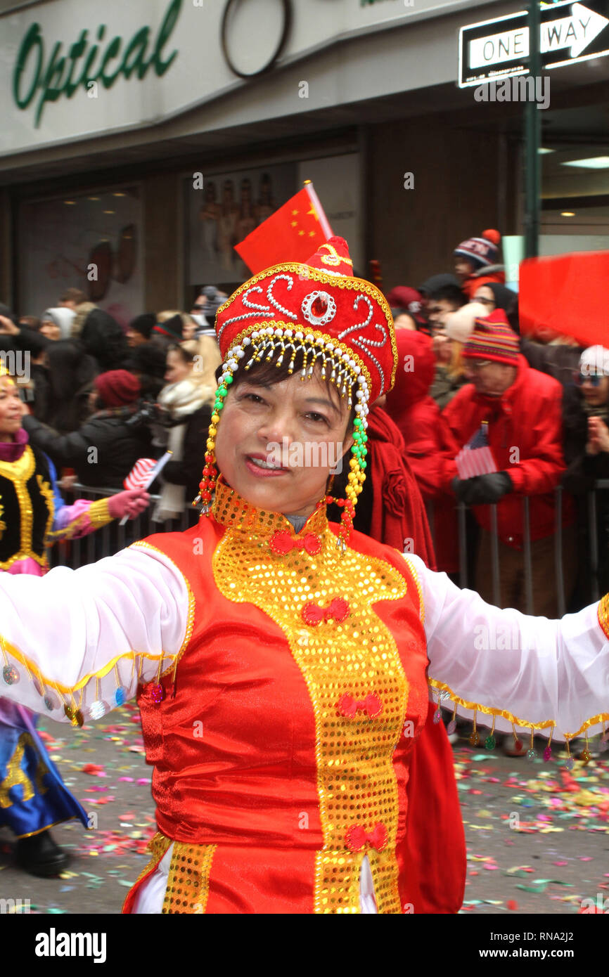 New York, New York, USA. 17th Feb, 2019. A Dragon dances for thousands that packed the streets of Chinatown on Sunday to celebrate the Lunar New Year during the Chinatown Lunar New Year Parade and Festival in New York City. Colorful lions and dragons dance bringing prosperity and good luck as the year of the pig begins. They are also meant to scare away the old spirit. Credit: Bruce Cotler/Globe Photos/ZUMA Wire/Alamy Live News Stock Photo