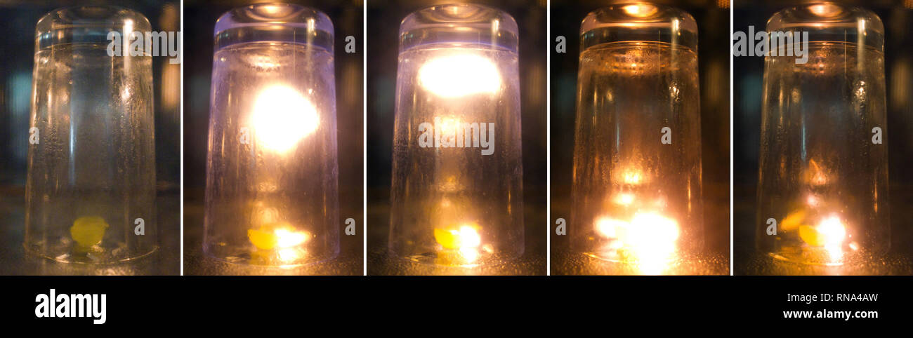 Berlin, Germany. 15th Feb, 2019. KOMBO - The picture combo shows how plasma  is produced by means of a grape in the microwave. (to dpa "Why grapes spark  in the microwave" from