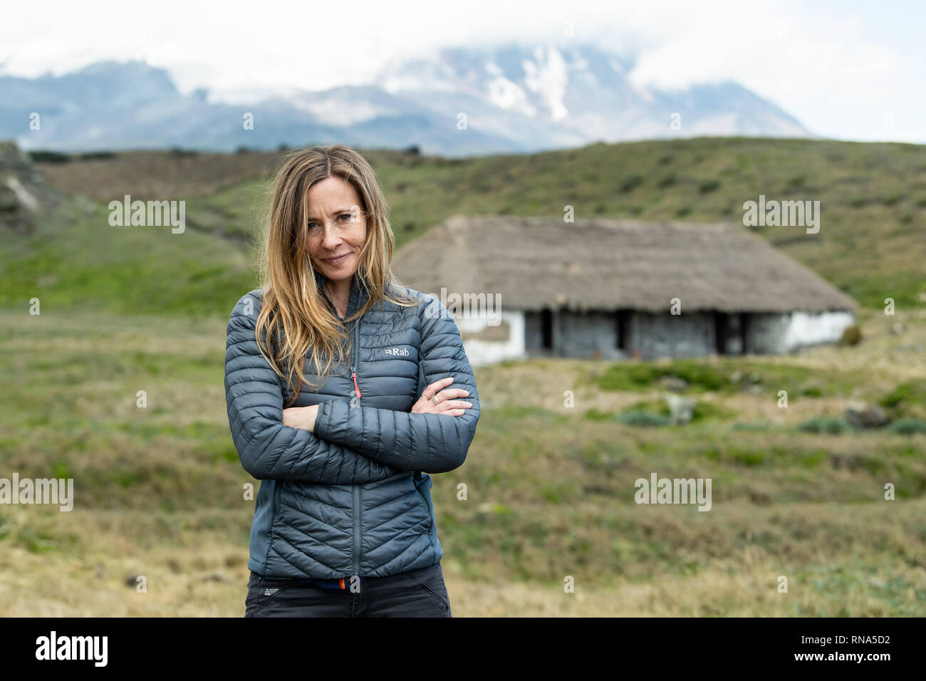 15 February 2019, Ecuador, Antisana: Art historian Andrea Wulff, author of the book 'Alexander von Humboldt and the Invention of Nature', stands in front of the Alexander von Humboldt-Hütte in the Antisana Nature Reserve and National Park on the occasion of the visit of Federal President Steinmeier and his wife. Federal President Steinmeier and his wife are visiting Colombia and Ecuador on the occasion of Alexander von Humboldt's 250th birthday as part of a five-day trip to Latin America. Wulf is a guest member of the delegation of the Federal President. Photo: Bernd von Jutrczenka/dpa Stock Photo