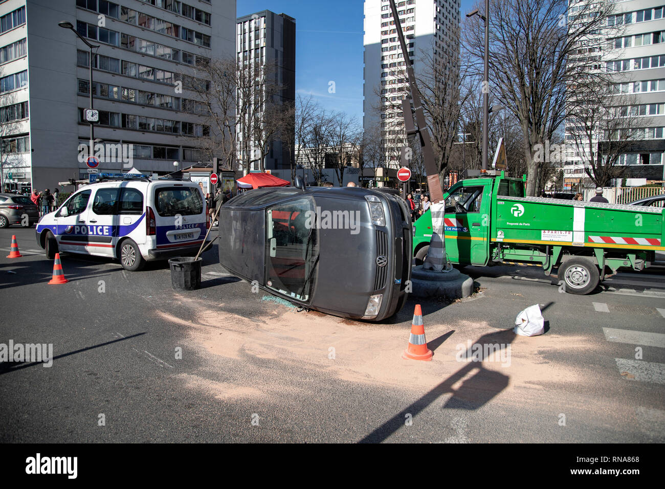 Paris, France. 17th Feb, 2019. Accident scene with 1 damaged car and
