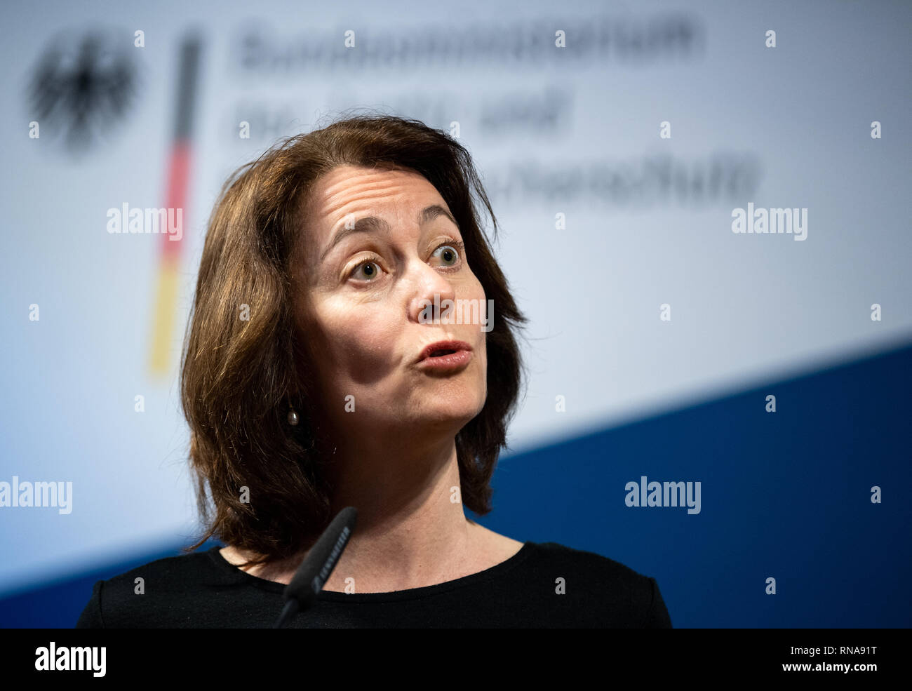 Berlin, Germany. 18th Feb, 2019. Katarina Barley (SPD), Federal Minister of Justice, comments on the handover of around 4.7 million signatures for the Change.org campaign "Save the Internet". The campaign is directed against articles 11 (ancillary copyright) and 13 (upload filters) of the EU copyright reform. Credit: Bernd von Jutrczenka/dpa/Alamy Live News Stock Photo