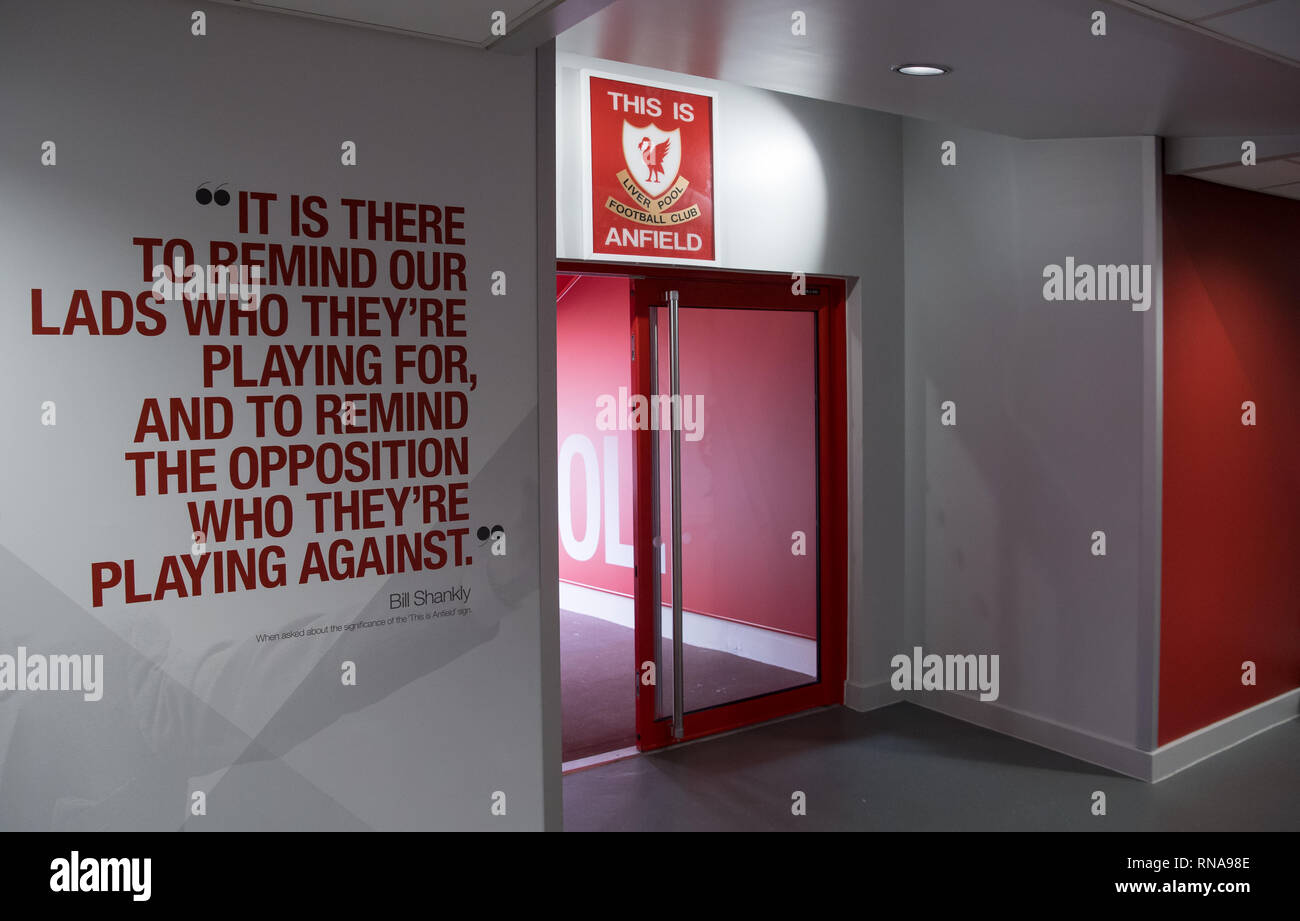 Liverpool, UK. 18th Feb, 2019. Soccer: Champions League, FC Liverpool - Bayern Munich, knockout round, round of sixteen, first leg in Anfield Stadium. The entrance from the players tunnel with a quote from Bill Shankly can be seen in the stadium. Credit: Sven Hoppe/dpa/Alamy Live News Stock Photo