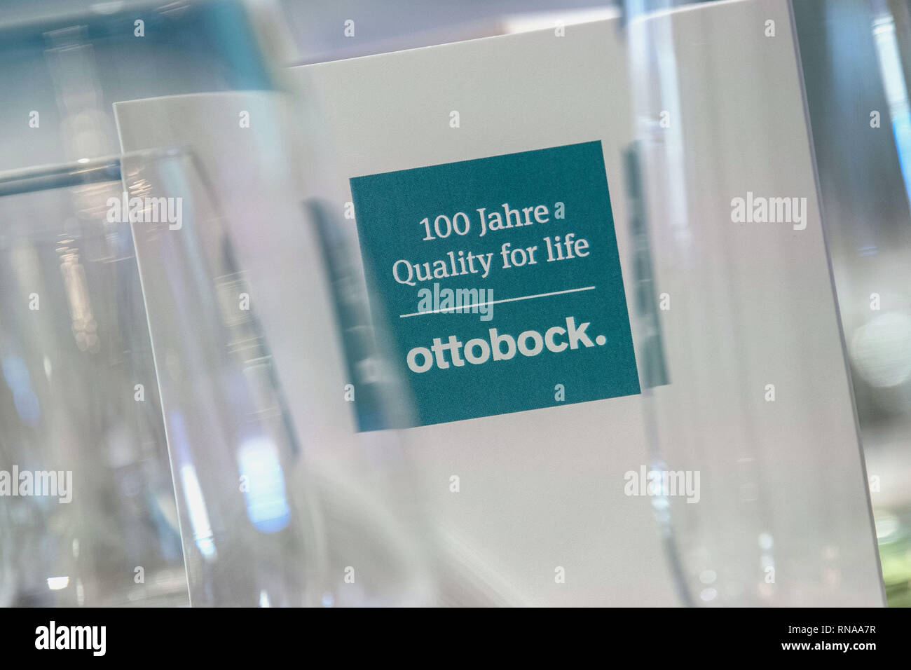 Duderstadt Germany 18th Feb 2019 The Words 100 Years Of Quality For Life Ottobock Appear On A Menu Behind Wine Glasses At The 100th Anniversary Celebration Of The Prosthesis Manufacturer Ottobock Founded