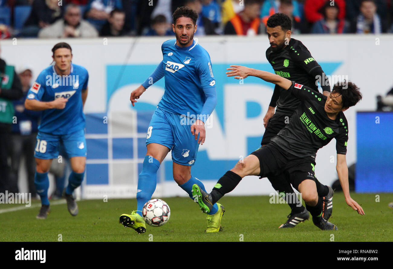 Ishak BELFODIL (19, 1899 Hoffenheim), Genki Haraguchi (10, Hanover 96), TSG 1899 Hoffenheim - Hanover 96, 1st Bundesliga, 22nd matchday on 16.02.2019, season 2018/2019, photo: M. Deines/PROMEDIAFOTO, ** In accordance with the requirements of the DFL German Football League it is forbidden to exploit or exploit in the stadium and/or made by the game photos taken in the form of sequence images and/or video-like photo galleries. // DFL regulations prohibit any use of photographs as image sequences and/or quasi-video. ** | usage worldwide Stock Photo