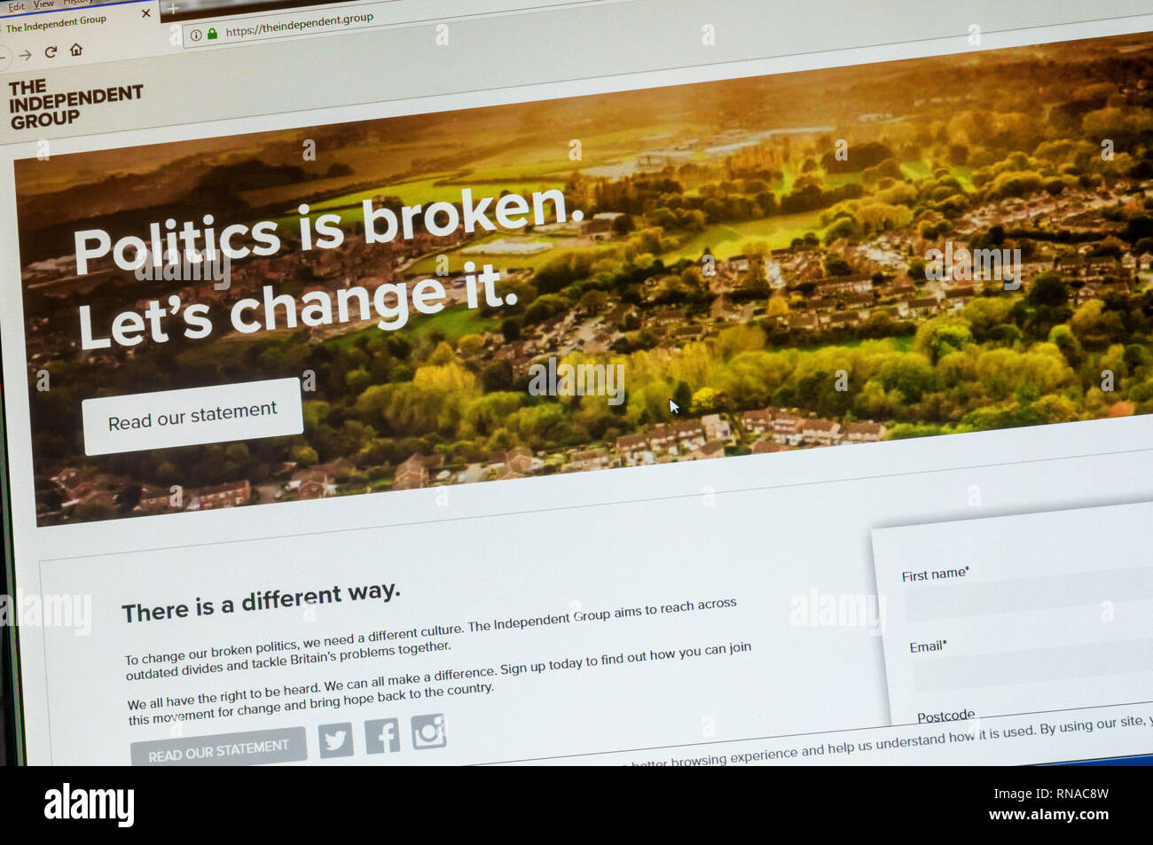 London, UK. 18th Feb, 2019. Seven MPs leave the Labour Party to form The Independent Group. Chuka Umunna, Luciana Berger, Gavin Shuker, Angela Smith, Chris Leslie, Mike Gapes & Ann Coffey have today resigned the Labour Party whip to form The Independent Group. Shown is the web site of the new grouping. Credit: sjscreens/Alamy Live News Stock Photo