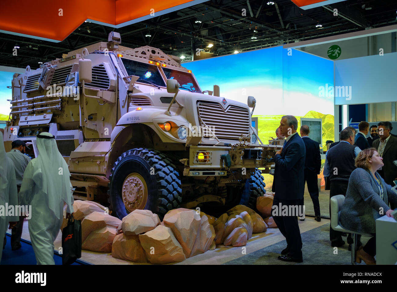Abu Dhabi, UAE. 18th Feb 2019. IDEX 2019 is being held in ADNEC Abu Dhabi, UAE. IDEX is the only international defence exhibition and conference in the MENA region demonstrating the latest technology across land, sea and air sectors of defence. Credit: Fahd Khan / Live News Alamy Stock Photo