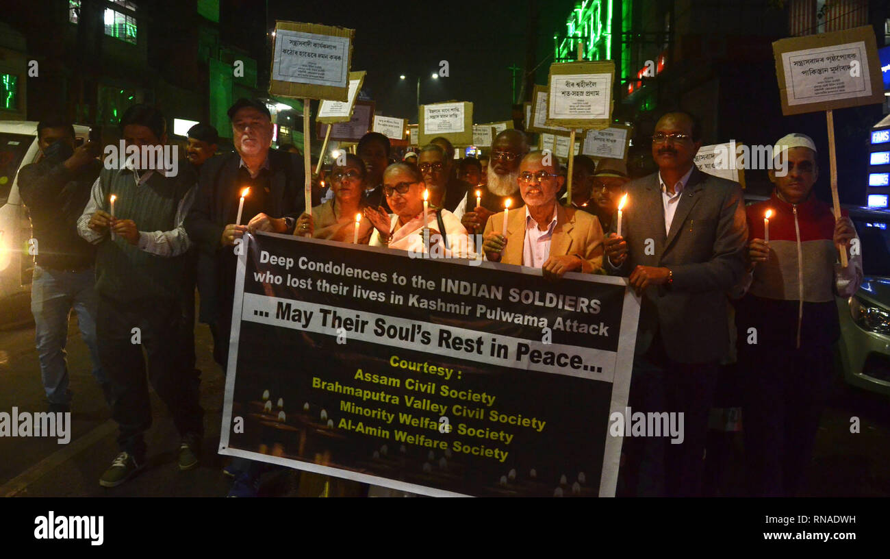 Assam, India. 18th Feb, 2019. Candle Light Rally:18 February 2019. Members of Assam Civil Society along with other organization taking out a candle march rally in protest against Pulwama Terror Attack in Guwahati on Monday, February 18, 2019. Credit: Hafiz Ahmed/Alamy Live News Credit: Hafiz Ahmed/Alamy Live News Stock Photo