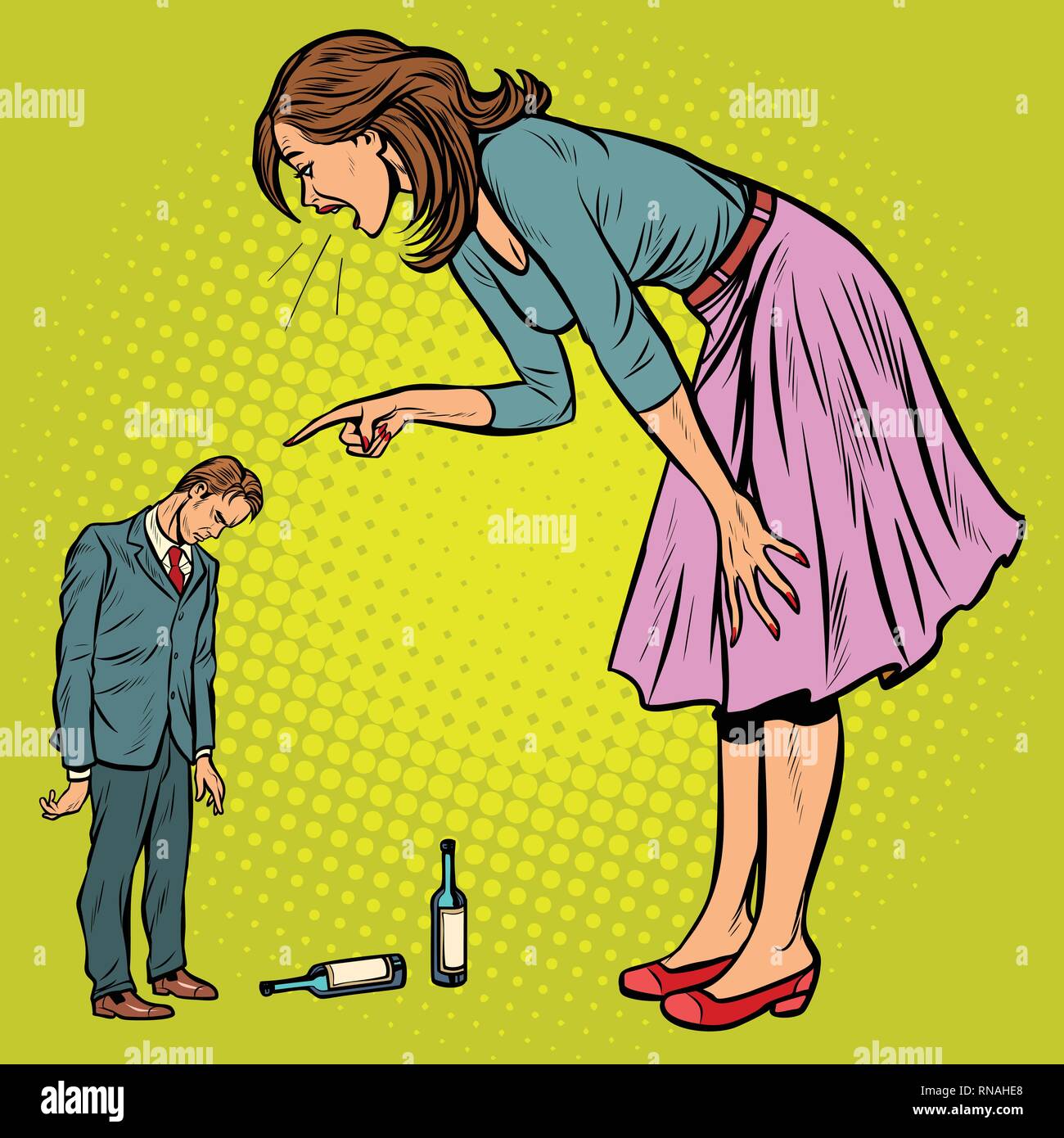 wife scolding drunk husband. alcoholism. Pop art retro vector illustration vintage kitsch Stock Vector