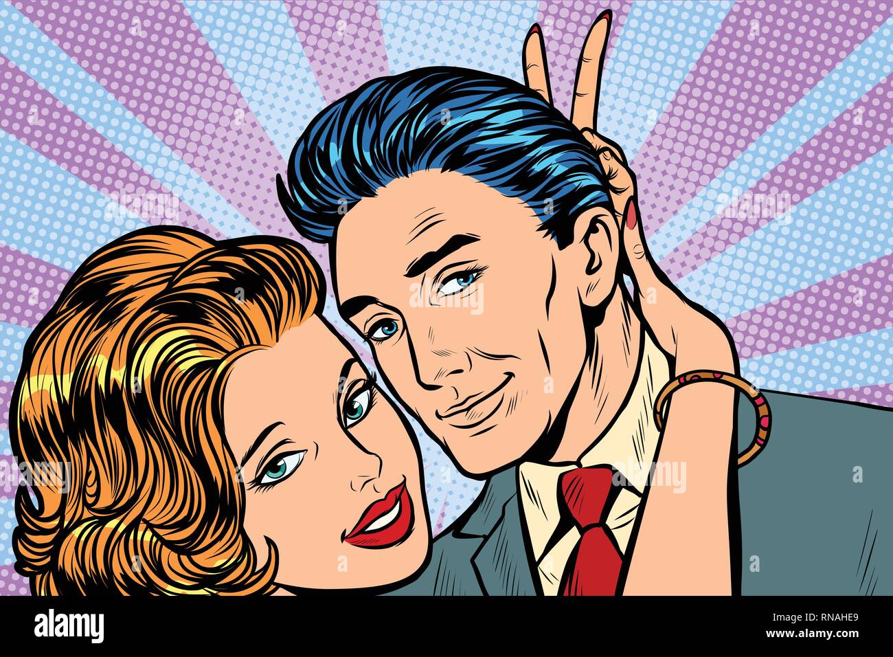 woman puts horns to man, hand gesture joke. Pop art retro vector illustration vintage kitsch Stock Vector