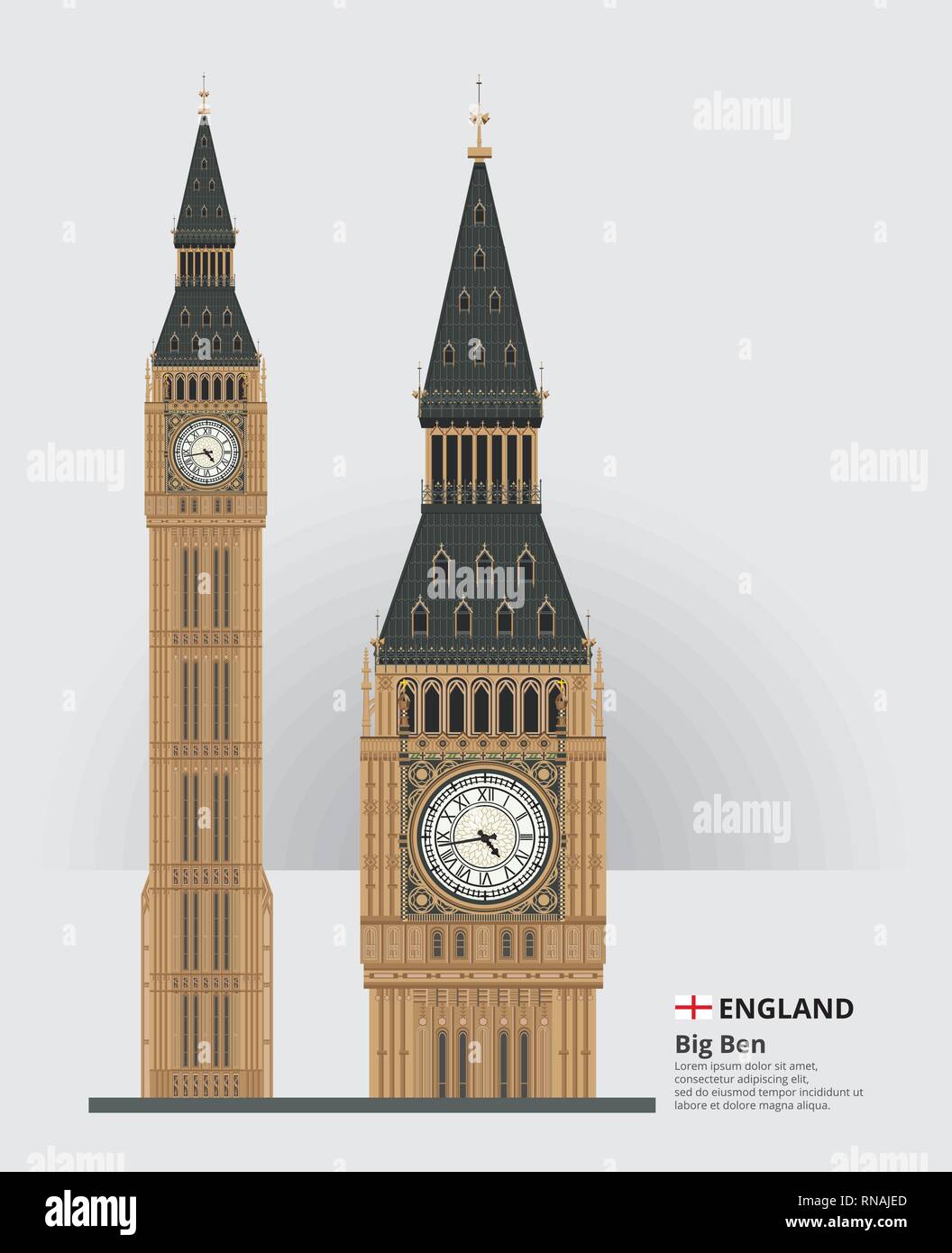 England Landmark Big Ben and Travel Attractions Vector Illustration Stock Vector
