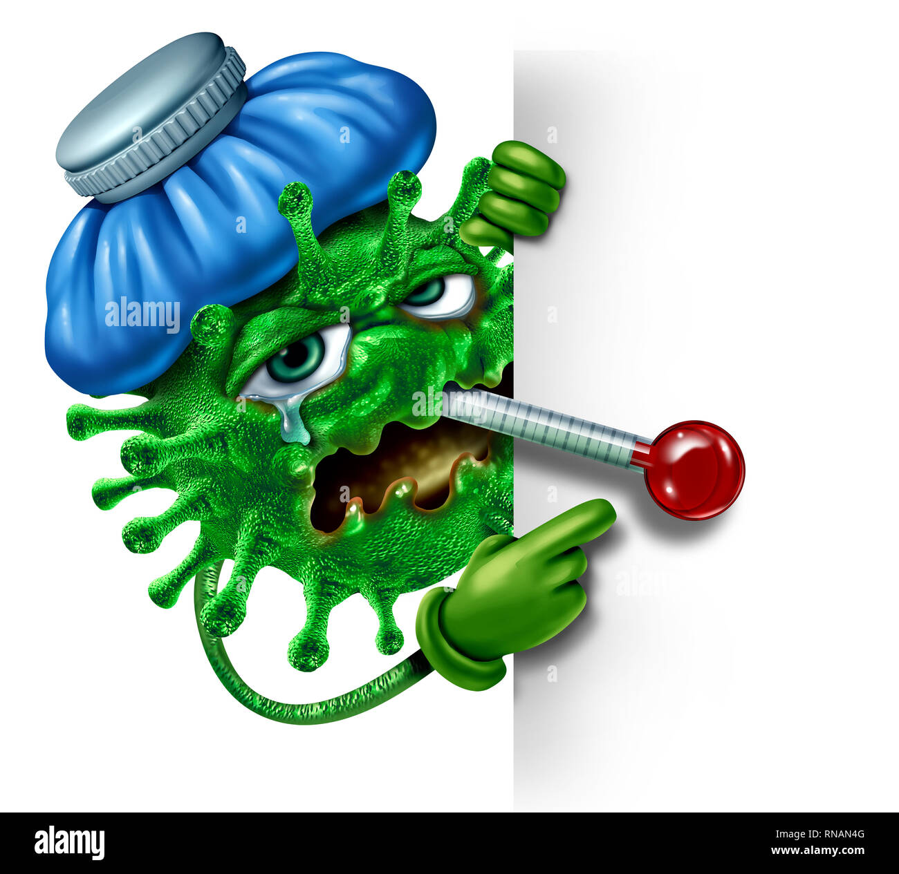 Winter flu character sign as an influenza or virus infection symbol as a sick feverish cartoon pathogen cell with an ice bag and thermometer. Stock Photo