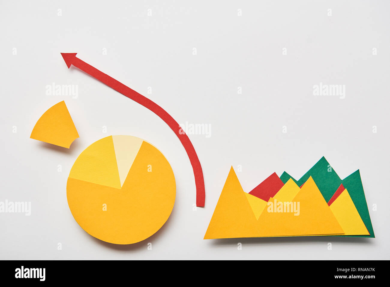top view of paper chart and graphs, pointer on white background Stock