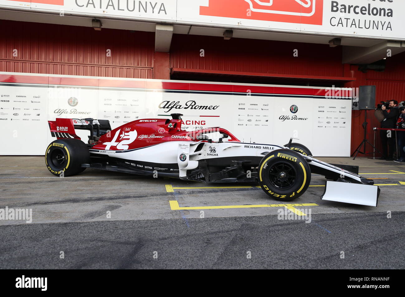 The new livery presentation of Alfa Romeo's F1 car at the Circuit de Barcelona-Catalunya. Stock Photo