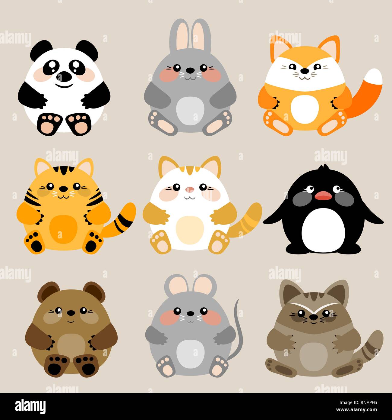 Collection of 6 vector cute kawaii baby animals. Eps 10 Stock Vector