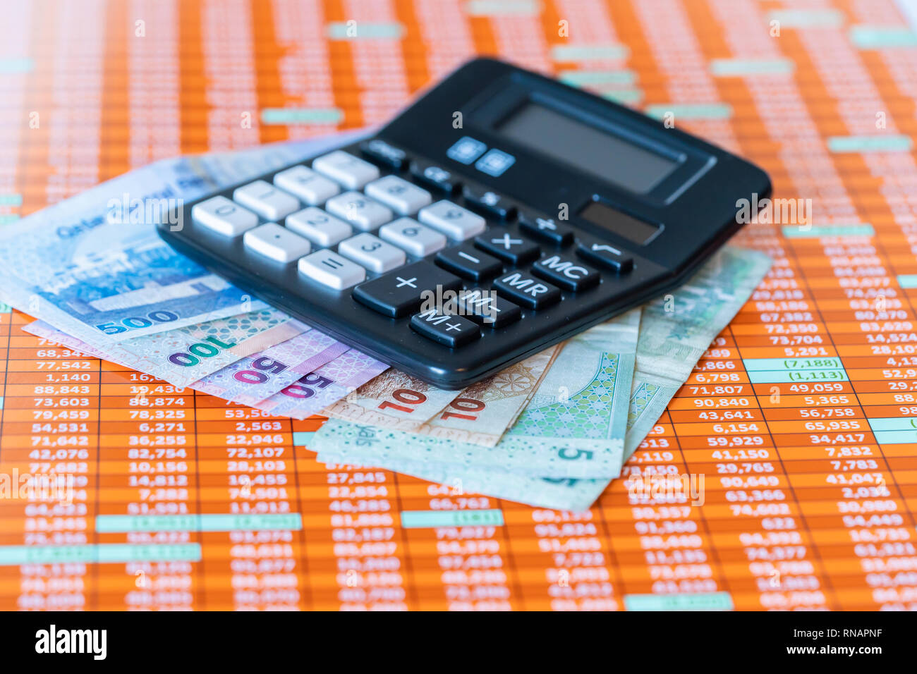 Qatar Riyal Bank Notes on spreadsheet report background With Calculator