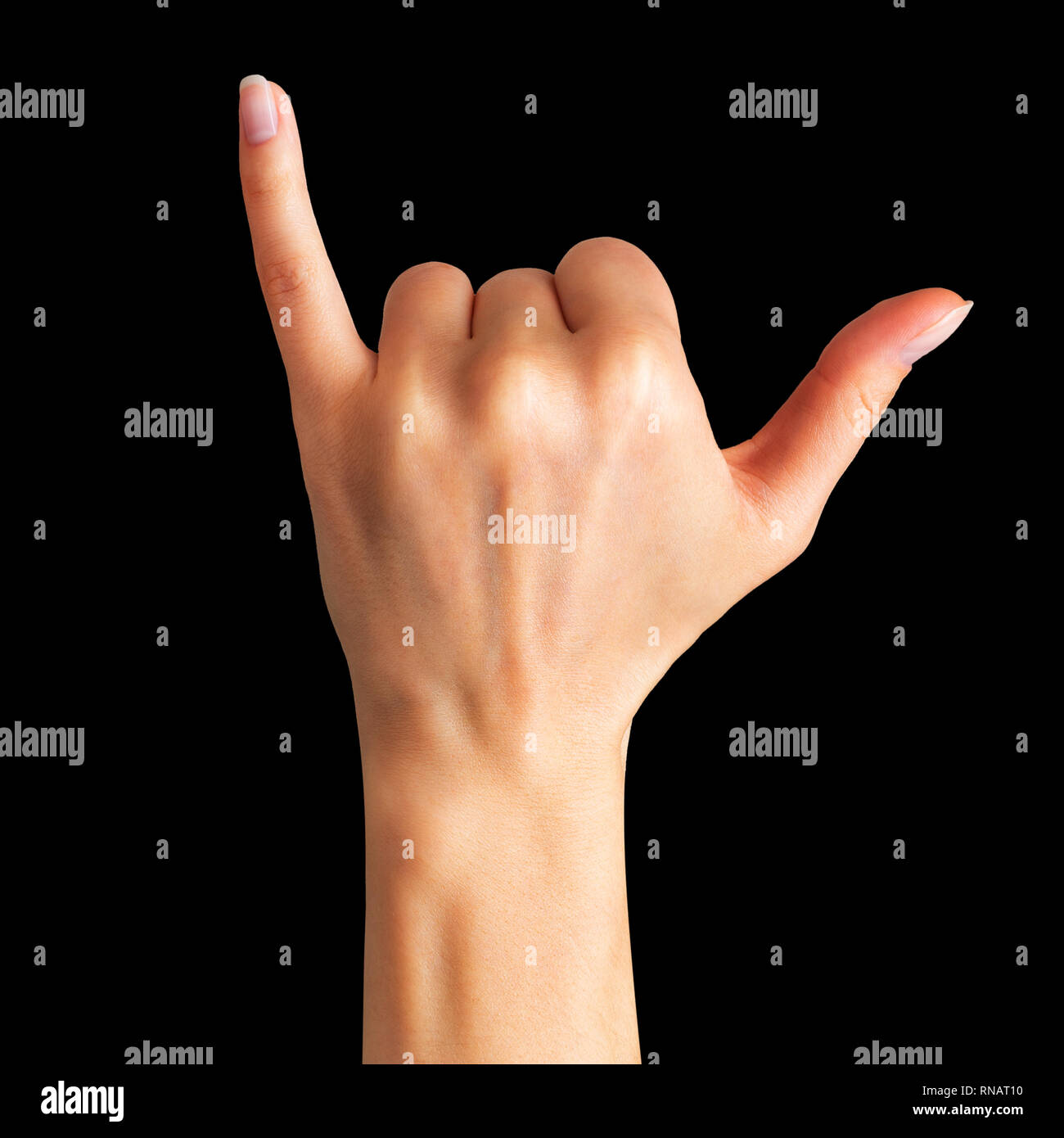 Female hand showing Shaka or surfer sign Stock Photo