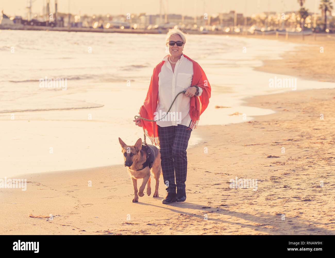 Beautiful retired older woman and pet german shepard dog walking along the shore sea ocean on beach in Companionship Benefits of animals Keeping activ Stock Photo