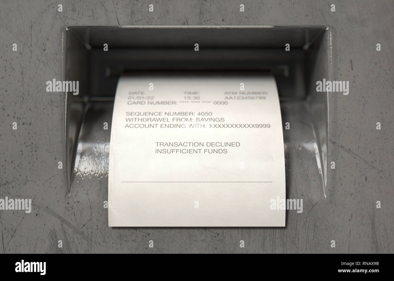 A closeup view of the slip printing section of an atm with a receipt indicating declined transaction for insufficient funds - 3D render Stock Photo