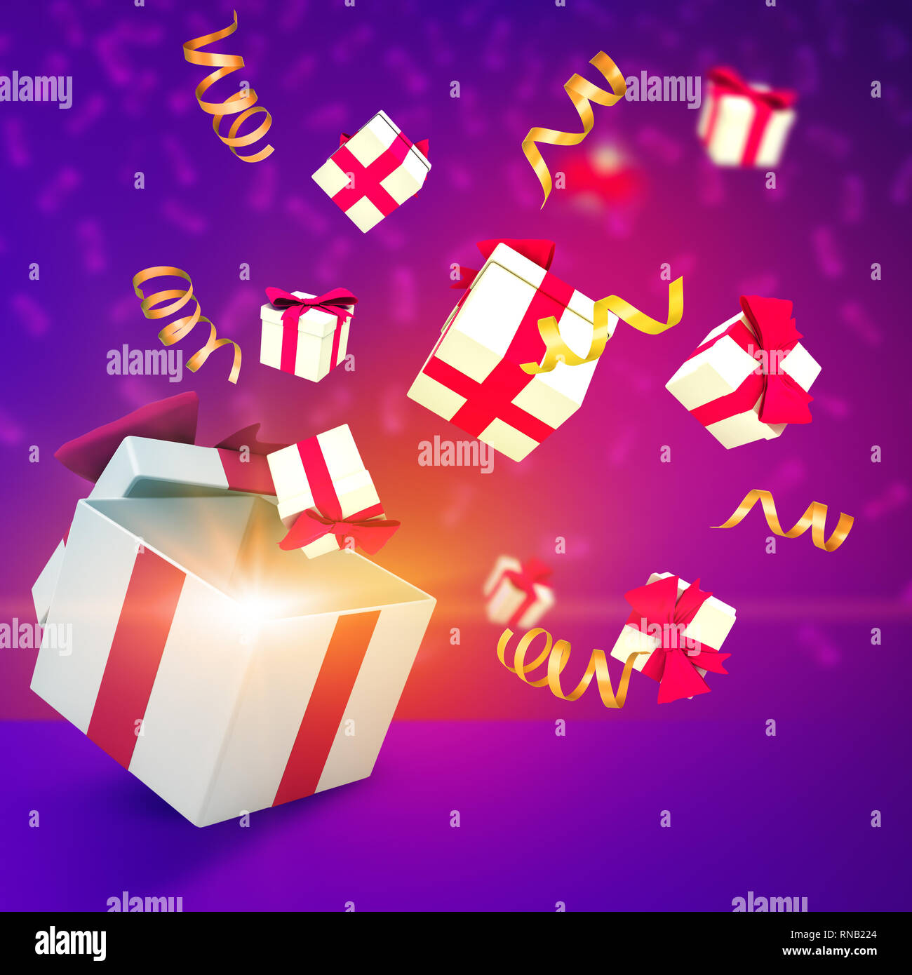3d rendering of small white gift boxes with red ribbons flying out of ...
