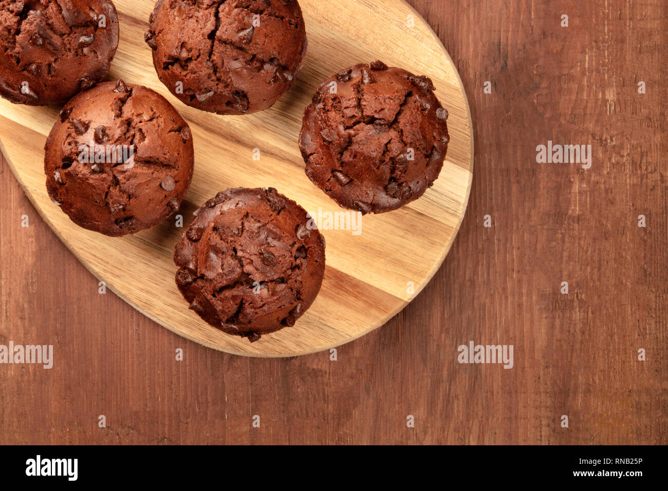 Chocolate muffins, shot from the top on a dark rustic wooden background with copy space Stock Photo