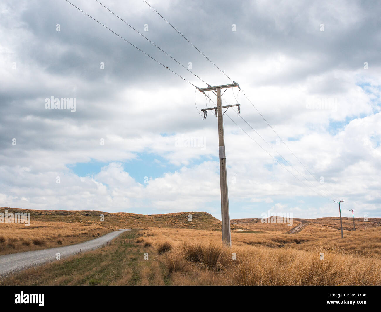 Power poles lines on an unsealed gravel road, tussock country, Ngamatea Station, Inland Mokai Patea, Central North Island, New Zealand Stock Photo