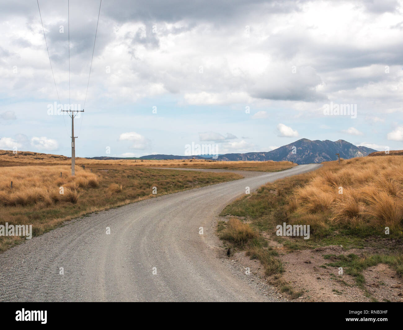 Power pole line on a bend of an unsealed gravel road, tussock country, Ngamatea Station, Inland Mokai Patea, Central North Island, New Zealand Stock Photo