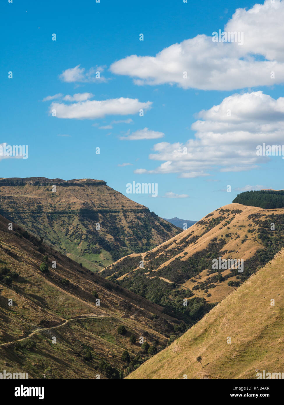 Steep hills, brown grass on a summer day, Moawhango Valley, Inland Mokai Patea, Central North Island, New Zealand Stock Photo