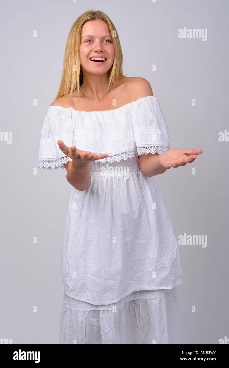 Portrait of happy young beautiful woman with surprise gesture Stock ...